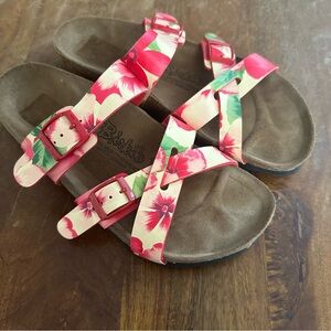 Birkenstock Birkis red floral‎ strappy cork bottom sandals size 39 Narrow